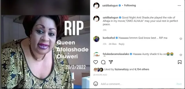 Ikede iku Afolashde Oluweri ti Saidi Balogun se loju opo Instagram rẹ