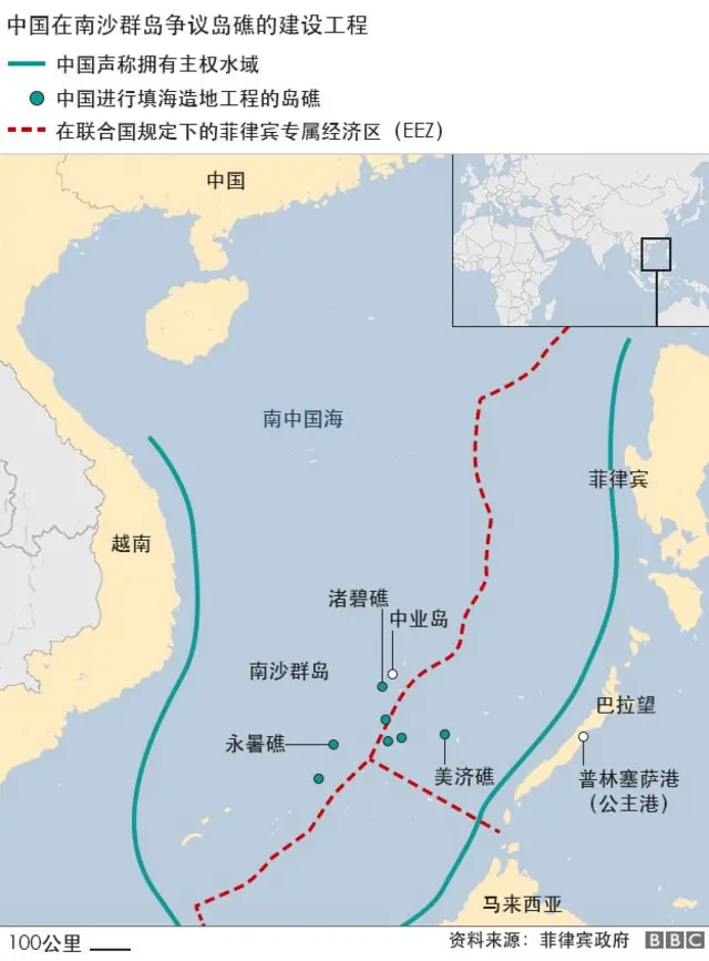 地圖:南中國海爭議島礁的建設工程