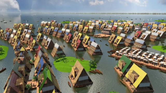 Representación artística de comunidades costeras basadas en arquitectura flotante.