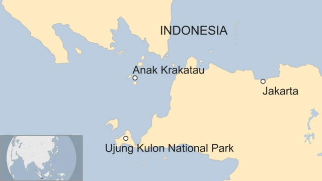 ジャワサイが生息するウジュン・クロン国立公園は、アナククラカタウの南に位置する