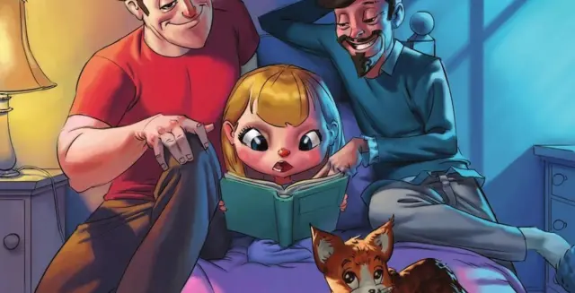 Картинка из книги с двумя мужчинами за чтением книги с девочкой