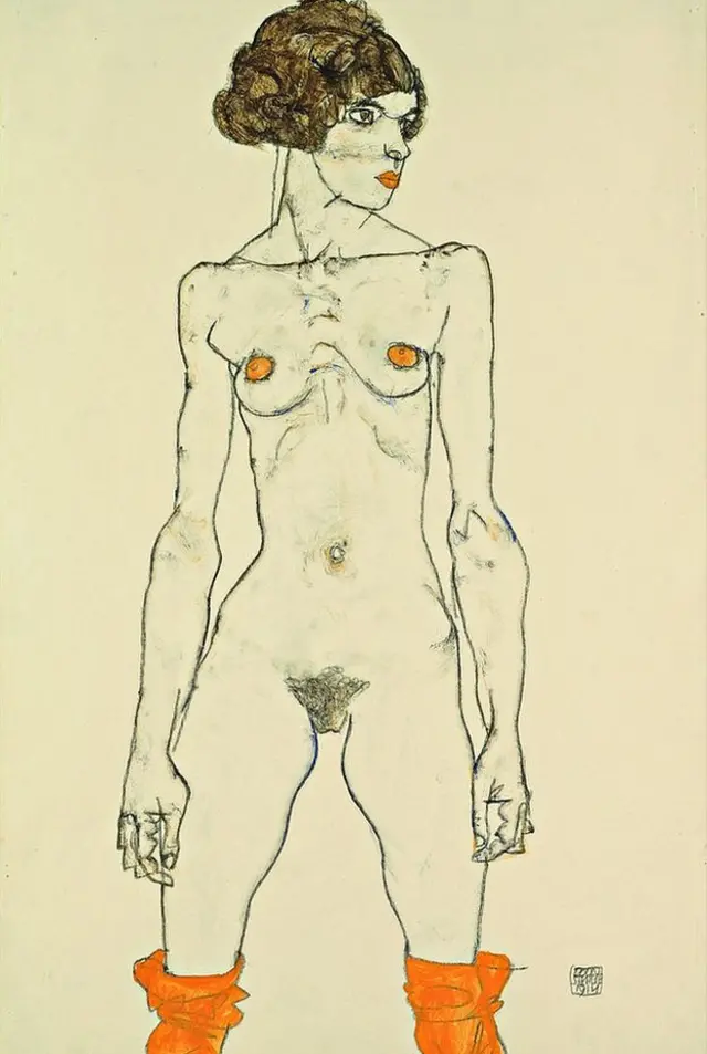 "Mujer desnuda con medias naranja"