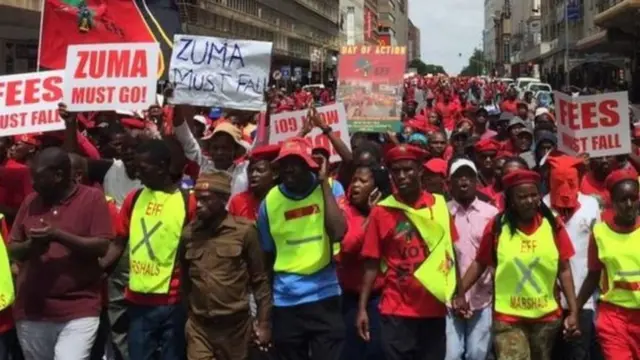 Des militants de l'opposition sud-africaine qui exigaient la démission du président Zuma, lui reprochant d'avoir tenté de bloquer la publication du rapport de l'ex-médiatrice sur la corruption.