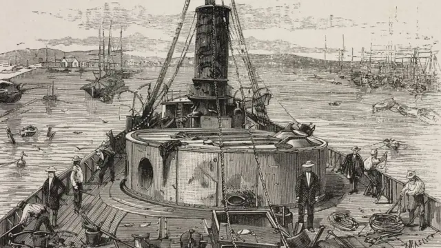 Ilustración del Huáscar durante en Combate de Angamos