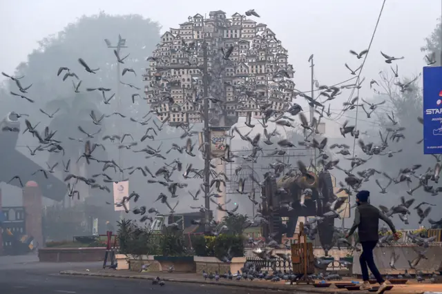 A man walks amid a flock of birds on a smoggy day in Lahore, Pakistan, on 30 November 2021