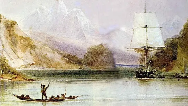 HMS Beagle em Tierra del Fuego, pintado por Conrad Martens durante a viagem (1831-1836), de "A Origem Ilustrada das Espécies" de Charles Darwin.