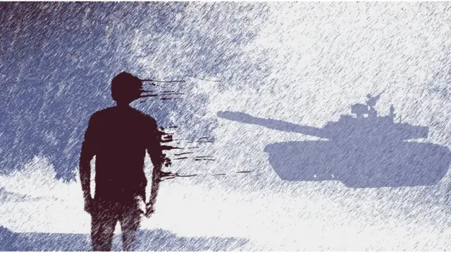 Рисунок - мужчина на фоне дождя и танка в далеке