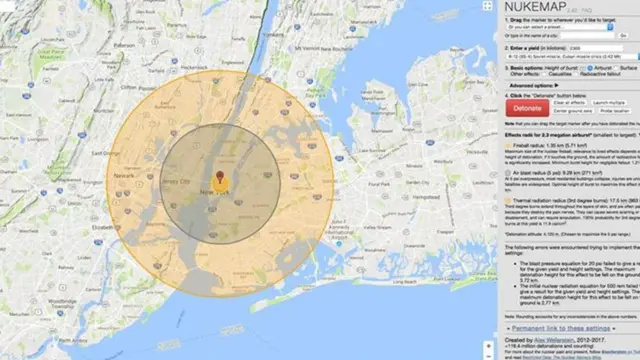 خريطة لتوزيع أماكن الهجمات النووية المحتملة،