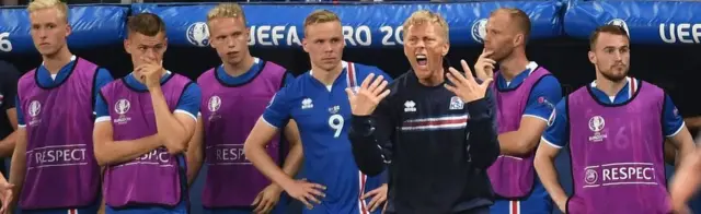 Heimir Hallgrimsson shouting from the sidelines, June 27 2016