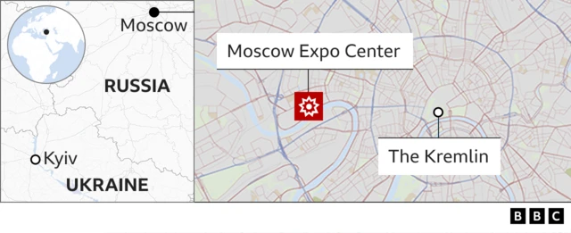 Map showing the Moscow Expo Center, which sits next to the Moskva River to the west of the city centre