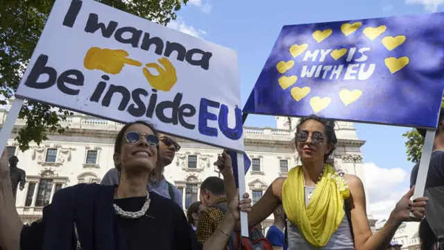 Jóvenes con carteles que rezan "Mi hogar es la Unión Europea"