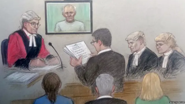 Court sketch showing verdicts being returned at Liverpool Crown Court in Barry Bennell trial on 13 February 2018