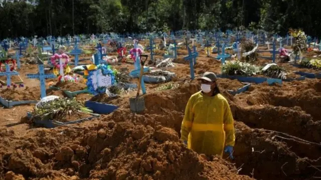 Coveiro de máscara em cemitério