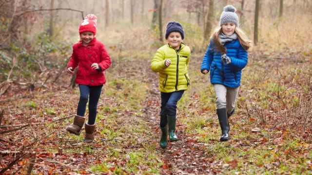 Niños caminando en un bosque