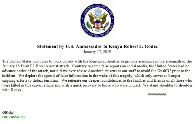 Full statement from US Govt ontop Kenya attack rumour