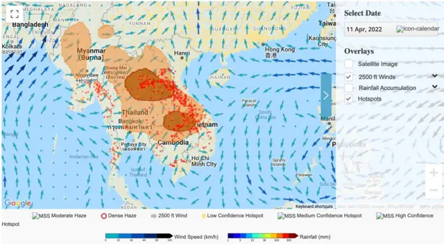 แผนที่แสดงการกระจายตัวของมลพิษหมอกควัน