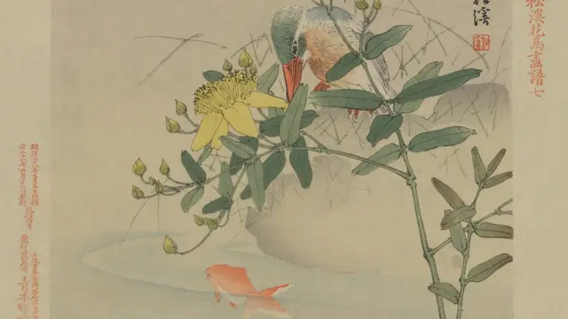 1900年に描かれた金魚を狙う鳥の絵