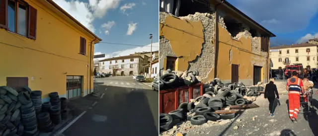 A building in the centre of Accumoli before and after the earthquake - 24 August 2016