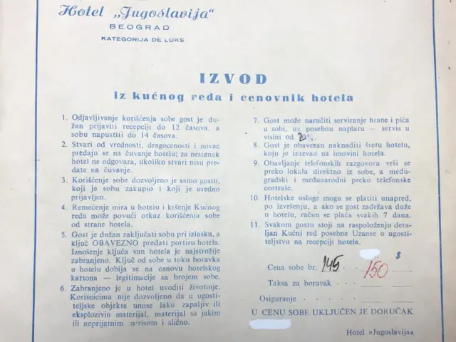 Kućni red, hotel Jugoslavija