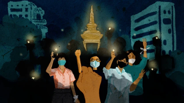 Anak-anak muda Thailand berdemonstrasi di jalanan.