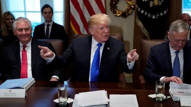 US President Donald Trump, flanked by Secretary of State Rex Tillerson and Defence Secretary James Mattis, at the White House, December 20, 2017