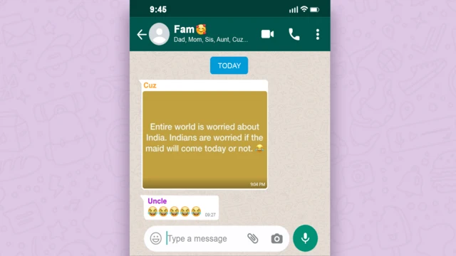 Message WhatsApp contenant un mème sur les femmes de ménage