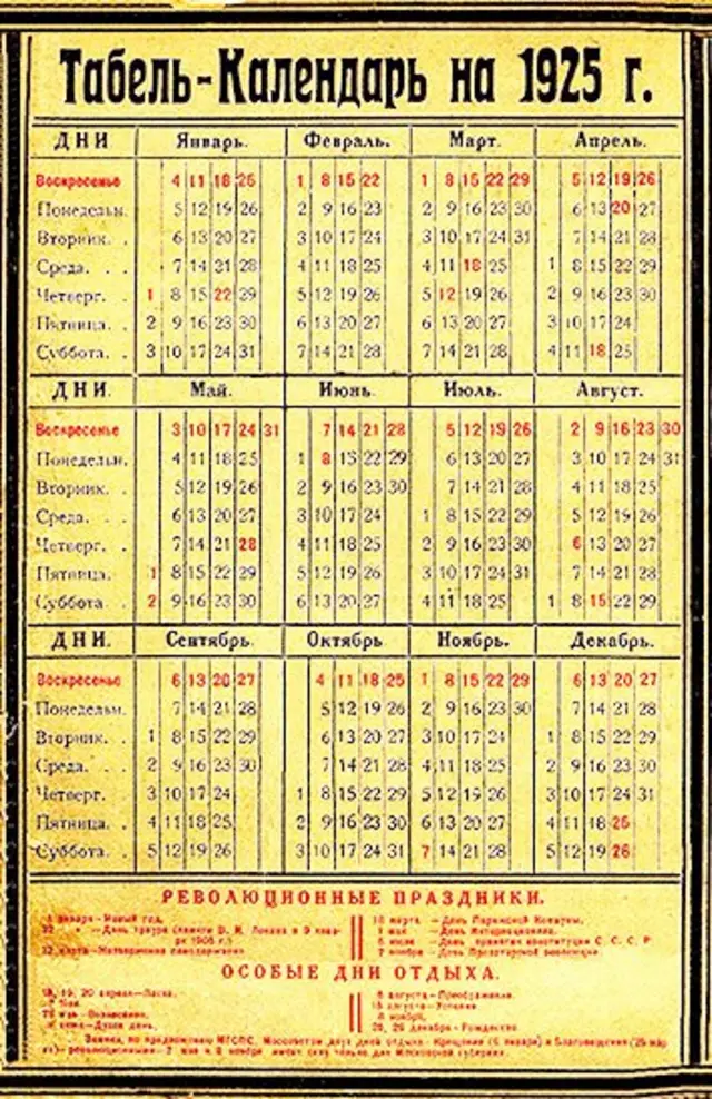 В календарі 1925 року релігійні свята позначені червоним, але в примітках лукаво названі "Особливими днями відпочинку". Адресно-довідкова книга "Вся Москва", 1925 рік