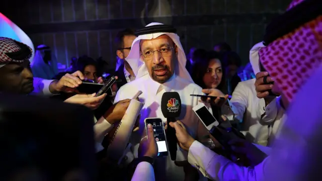 Saudi Energy Minister Khalid al-Falih speaks to media at the Saudi-US CEO Forum 2017 ahead of the arrival of the U.S. President Donald Trump, in Riyadh