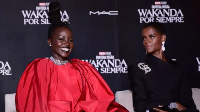 Lupita Nyongo and Letitia Wright during the Black Panther: Wakanda Forever fan event at Plaza Satelite.