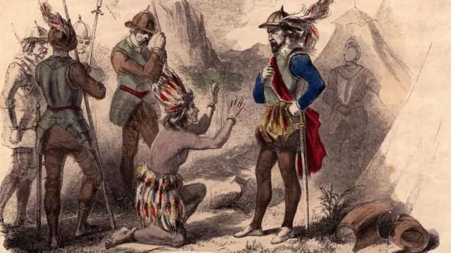 Atahualpa ante Pizarro, en un viejo grabado inglés.