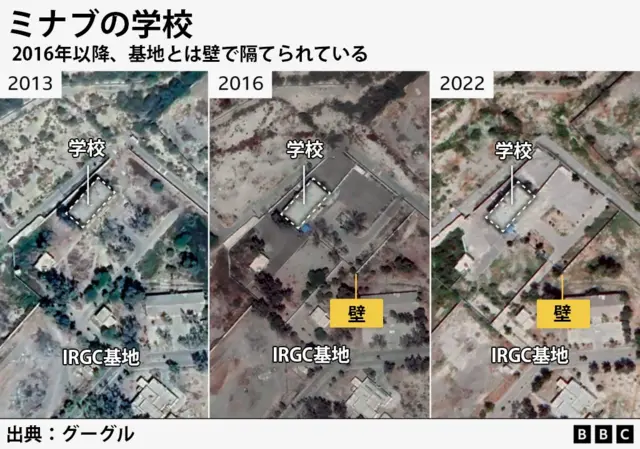 2013年、2016年、2022年の衛星画像を横に並べている。2016年以降は、学校とイラン革命防衛隊（IRGC）基地を隔てる壁が建設されている
