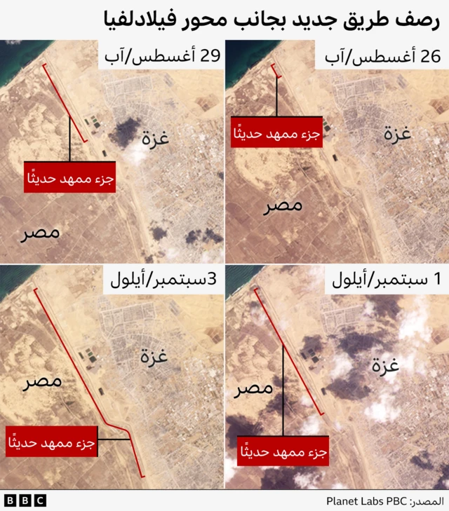 خريطة أقمار اصطناعية لتمهيد الطريق في محور فيلادلفيا تدريجياً في 26 أغسطس/آب، 29 أغسطس/آب، 1 سبتمبر/أيلول، 3 سبتمبر/أيلول