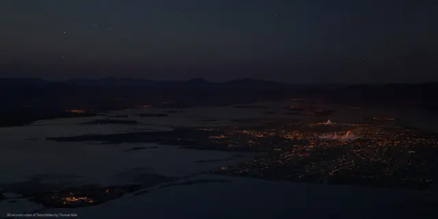 Una visualización panorámica de Tenochtitlan de noche