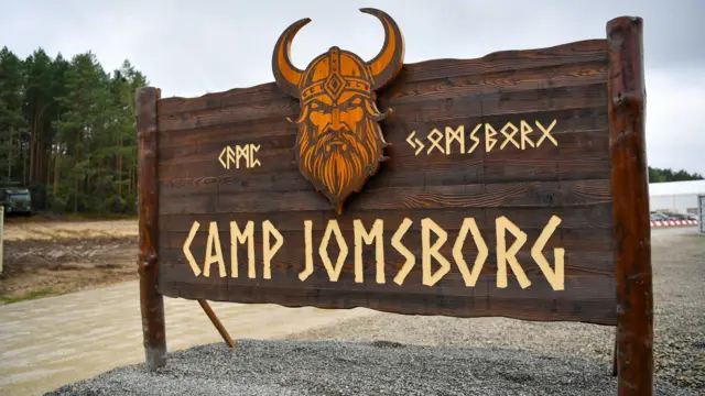 Велика дерев’яна вивіска з різьбленим зображенням вікінга з підписом англійською "Табір Йомсборг" на тлі соснового лісу