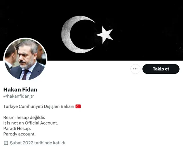 Hakan Fidan adına açılmış sahte bir hesap.