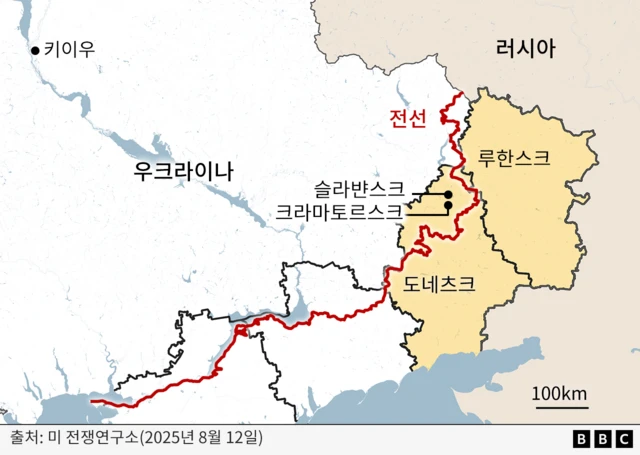 돈바스 지역과 동부 전선을 표시한 지도