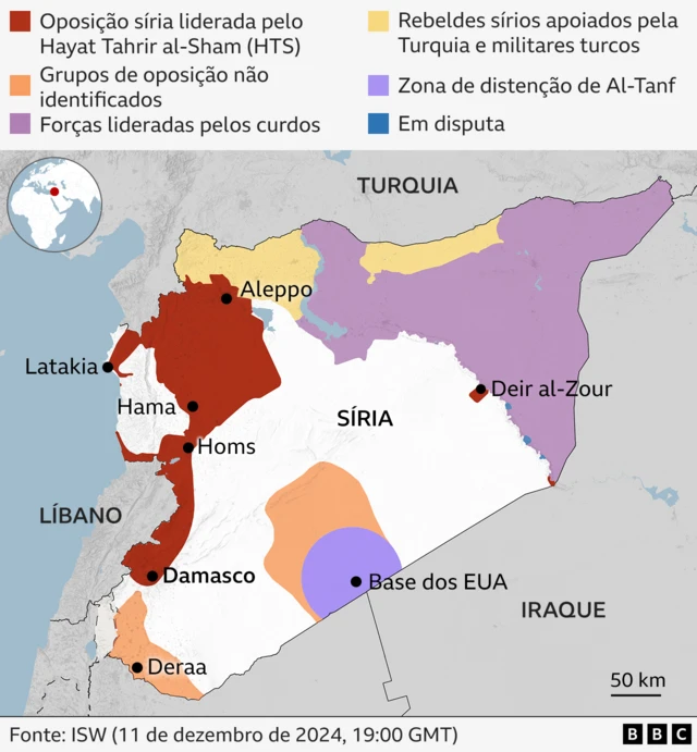 Mapa da Síria com áreas coloridas mostrando controle por diferentes grupos