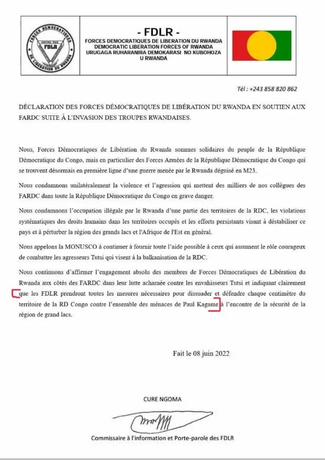 Itangazo ry'ikinyoma nk'uko umuvugizi wa FDLR abivuga