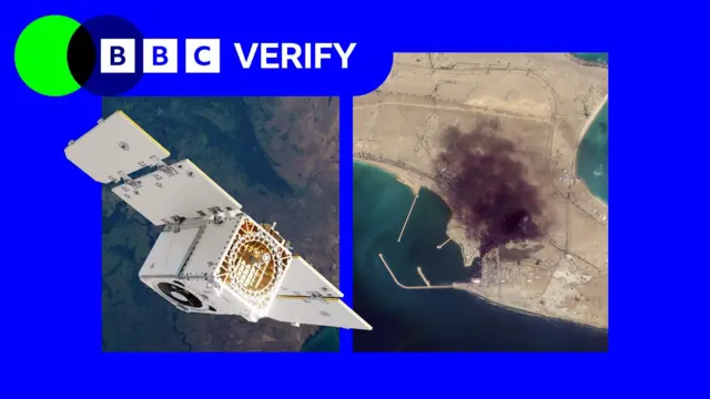 A promo image showing a satellite imposed over images taken by Planet Labs of an attack on an Iranian naval port. In the attack image, smoke can be seen rising from the base.