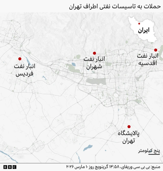 گرافیک خبری که مکان چهار تاسیسات نفتی آسیب‌دیده در حملات را نشان می‌دهد. انبار نفت فردیس، انبار نفت شهران و اقدسیه در شمال، و پالایشگاه نفت تهران در جنوب