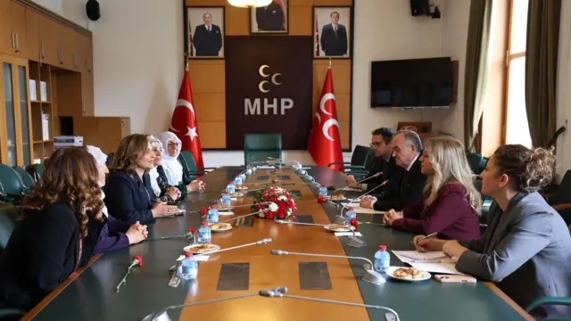 Bir masanın iki yanına oturmuş DEM Parti yetkilileri ve MHP yetkilileri, karşıda Türk bayrağı ve MHP bayrağı ile MHP yazısı ve duvarda asılı fotoğraflar var