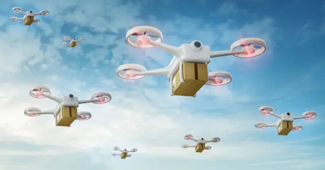 An illustration showing delivery drones in the sky