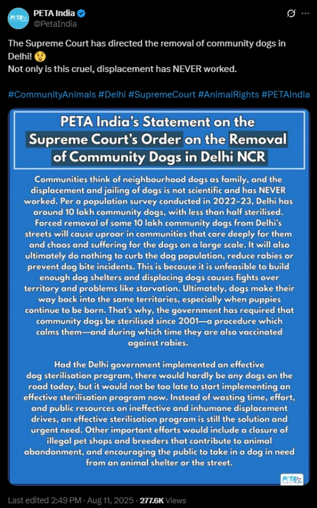 पेटाद्वारा जारी करण्यात आलेलं पत्रक