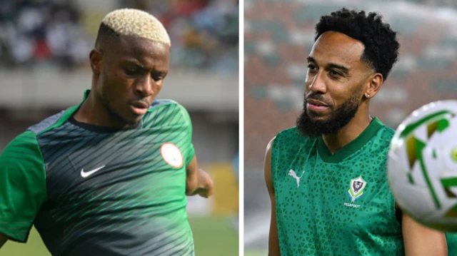 Victor Osimhen [left] wear di Nigeria green shirt with sleeve, di shirt get di logo of di NFF for im chest, e spray im hair wetin resemble white and gold colour. Pierre-Emerick Aubameyang wear Gabon national sleeveless green shirt, e hold green and white football for hand. im hair na rich balck colour and black beards e. dey smile small for di foto