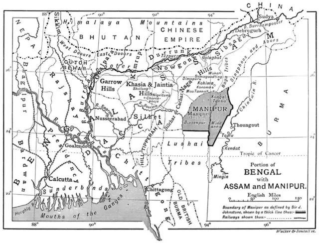 ব্রিটিশ শাসিত ভারতের একটি মানচিত্রে তখনকার বাংলা, আসাম ও মণিপুর (১৮৯৬) 