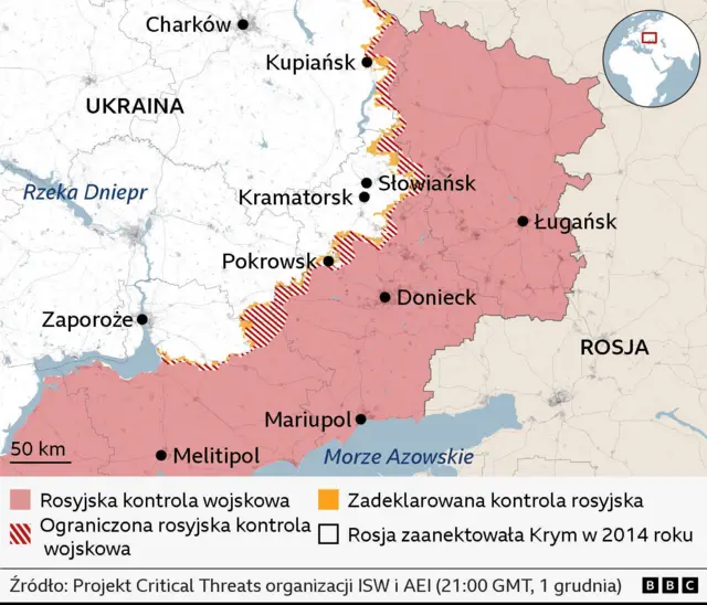 Mapa pokazująca front w Ukrainie.