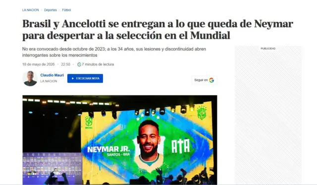 Matéria do La Nácion destaca convocação de Neymar 
