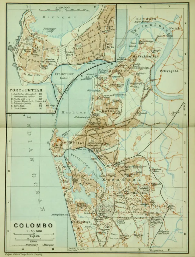 Map of the city of Colombo, ca 1914 (1:50,000), with a smaller, inserted map depicting the Fort and Pettah in detail (1:20,000)