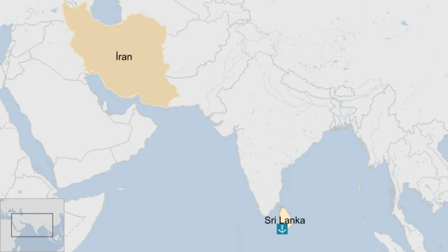 İran ve Sri Lanka'nın birbirlerine mesafesi hakkında bilgi veren bir dünya haritası
