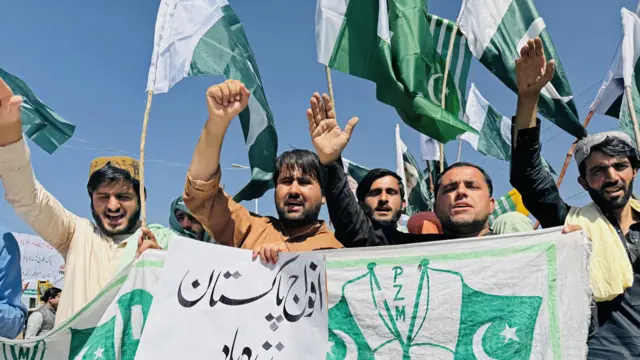 A group of people cheering and waving holding green coloured banners and flags.